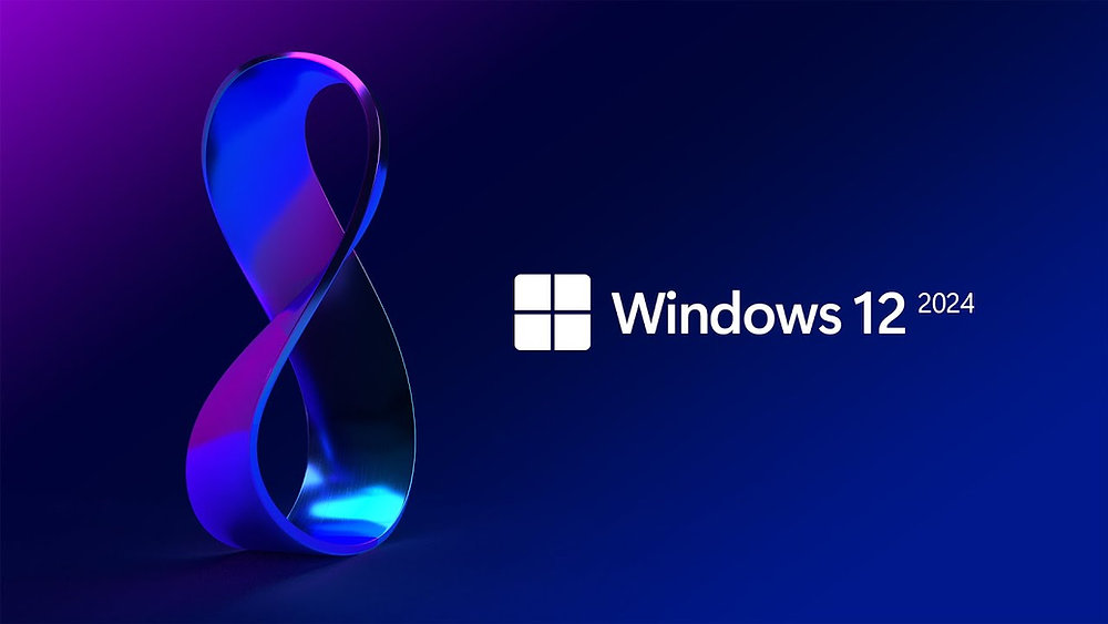 Windows 12 desktop interface with AI Copilot assistant and smart widgets